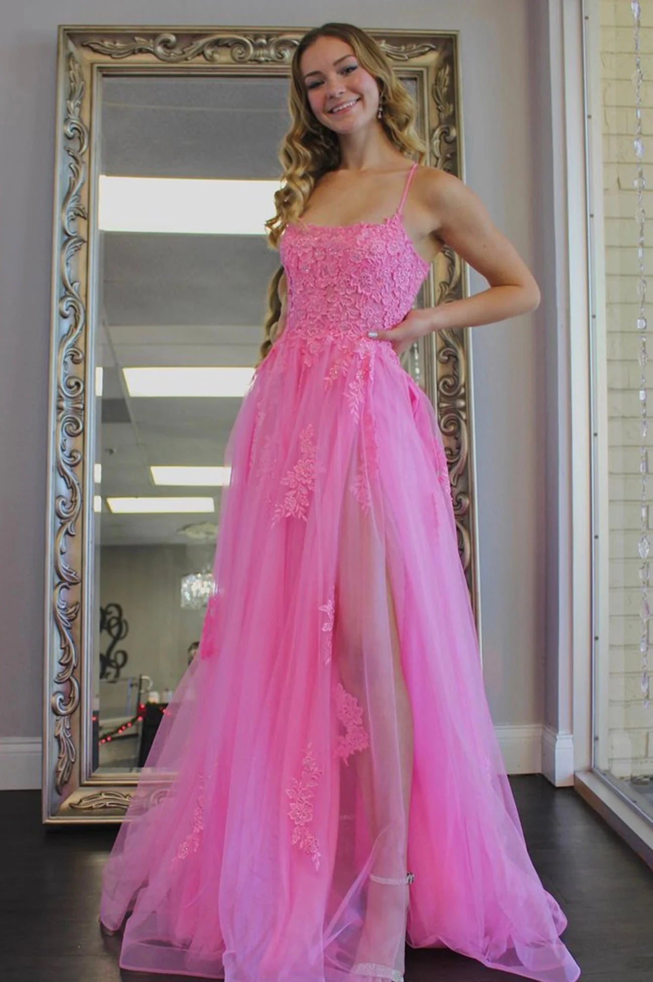 Charming A-Line Spaghetti Strap Sleeveless Lace Up Floor-Length Prom Dress