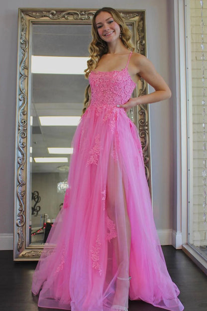 Charming A-Line Spaghetti Strap Sleeveless Lace Up Floor-Length Prom Dress