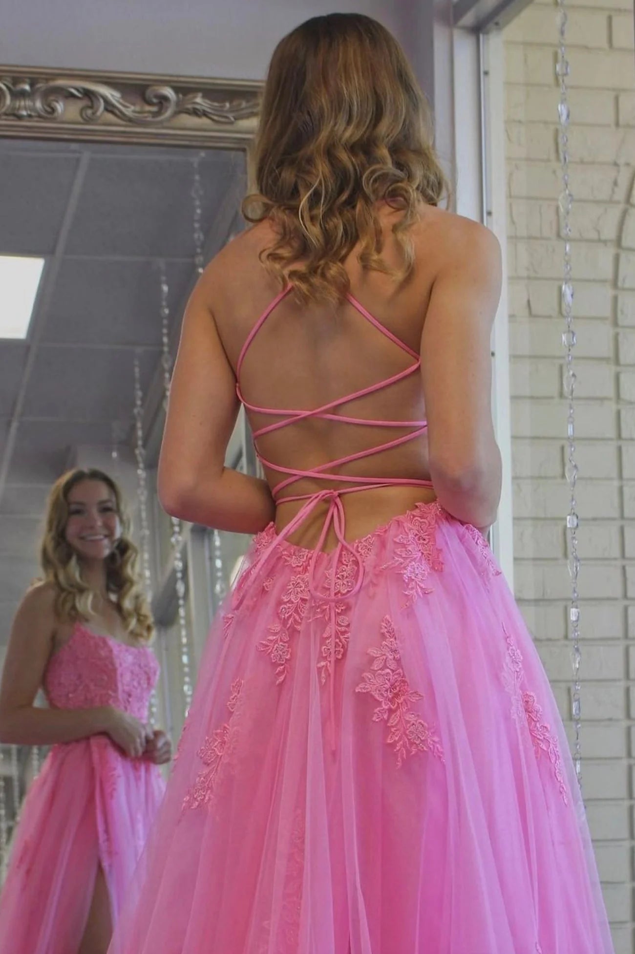 Charming A-Line Spaghetti Strap Sleeveless Lace Up Floor-Length Prom Dress