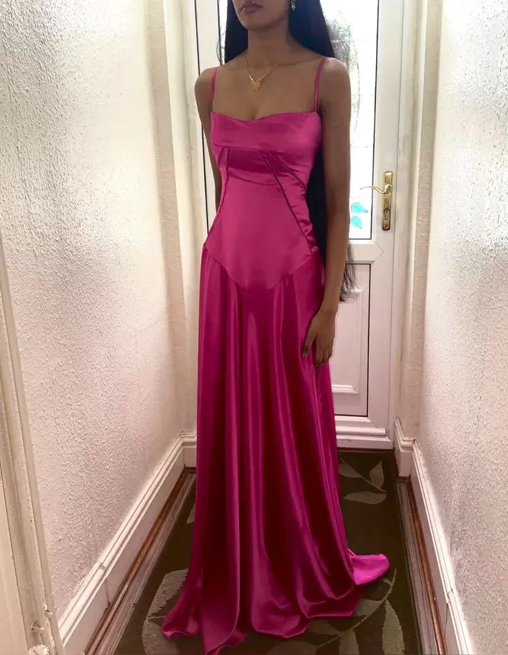 Charming A-Line Spaghetti Straps Sleeveless Pleated Satin Floor-Length Evening Dress