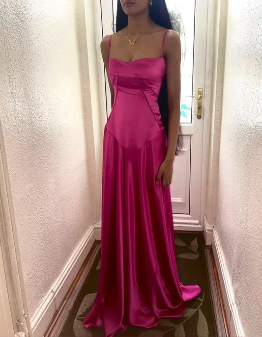 Charming A-Line Spaghetti Straps Sleeveless Pleated Satin Floor-Length Evening Dress