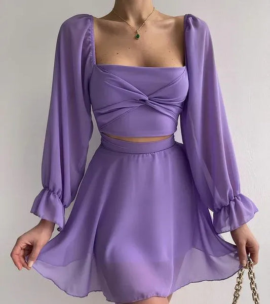 Charming A-Line Square Neck Long Sleeve Chiffon Lavender Homecoming Dress With Tie