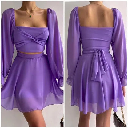 Charming A-Line Square Neck Long Sleeve Chiffon Lavender Homecoming Dress With Tie