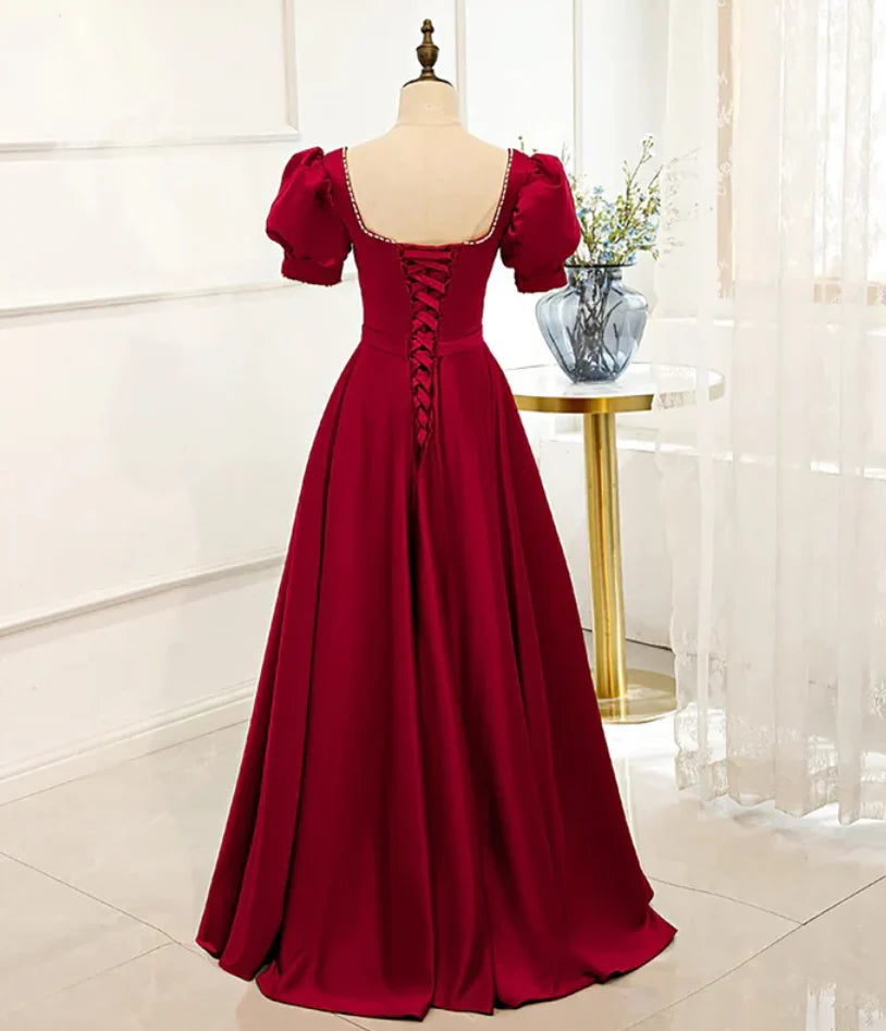 Charming A-Line Square Neck Short Sleeve Lace Up Floor-Length Prom Dress