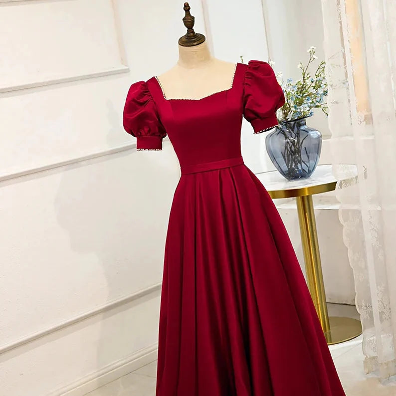 Charming A-Line Square Neck Short Sleeve Lace Up Floor-Length Prom Dress