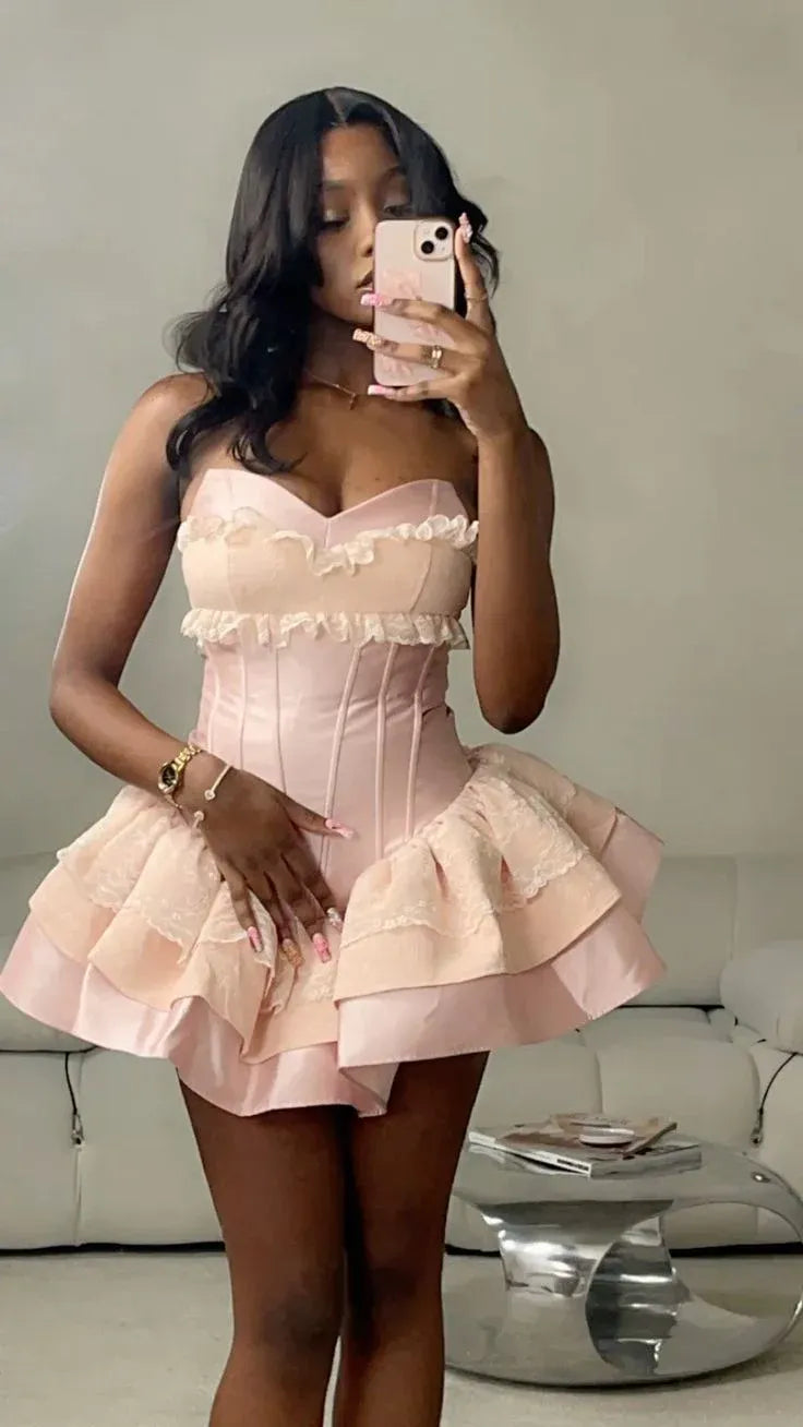 Charming A-Line Strapless Sweetheart Corset Tiered Ruffle Light Pink Short Mini Women's Party Dress
