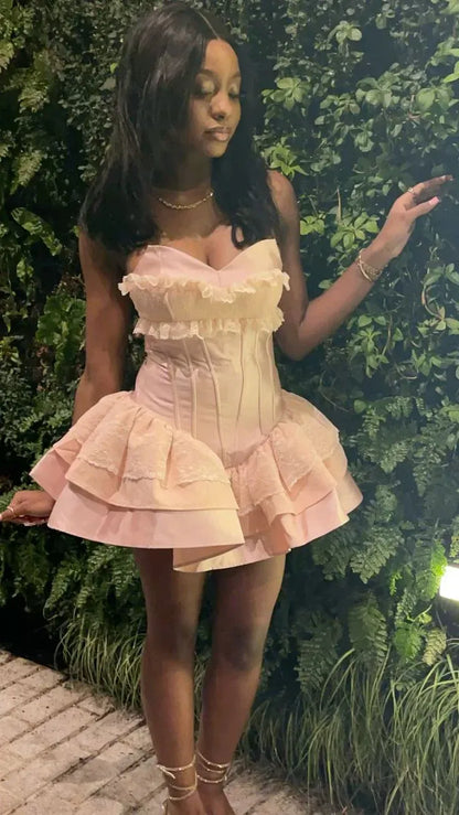 Charming A-Line Strapless Sweetheart Corset Tiered Ruffle Light Pink Short Mini Women's Party Dress