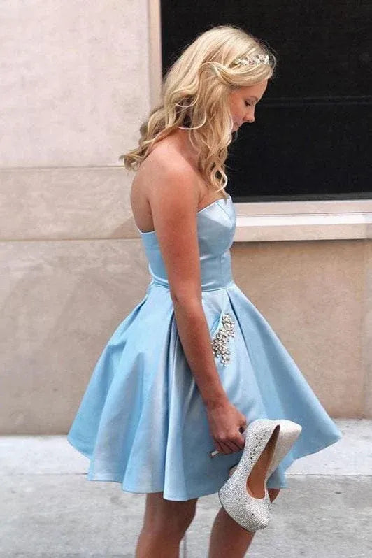 Charming A-Line Strapless Rhinestone Satin Light Blue Homecoming Dress With Pocket