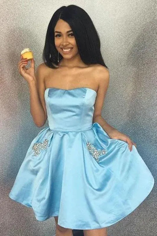 Charming A-Line Strapless Rhinestone Satin Light Blue Homecoming Dress With Pocket