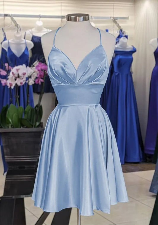 Charming A-Line V-Neck Spaghetti Strap Pleated Light Blue Mini Homecoming Dress