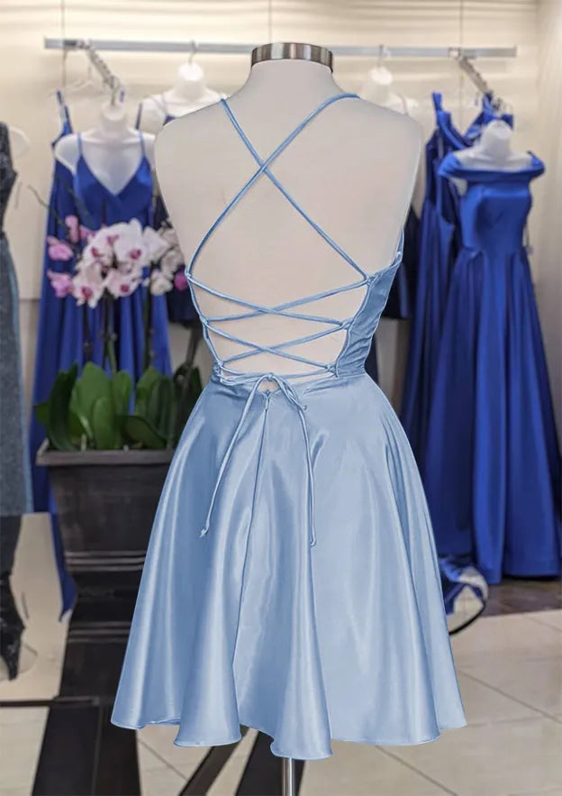 Elegant A-Line V-Neck Spaghetti Strap Pleated Light Blue Mini Homecoming Dress for Women