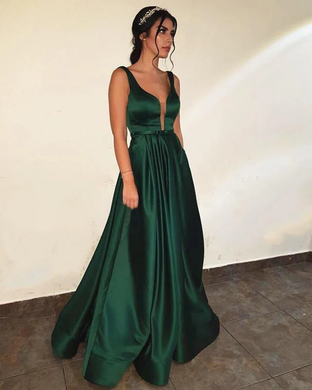 Charming A-Line V Neck Sleeveless Backless Floor-Length Prom Dress