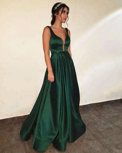 Charming A-Line V Neck Sleeveless Backless Floor-Length Prom Dress