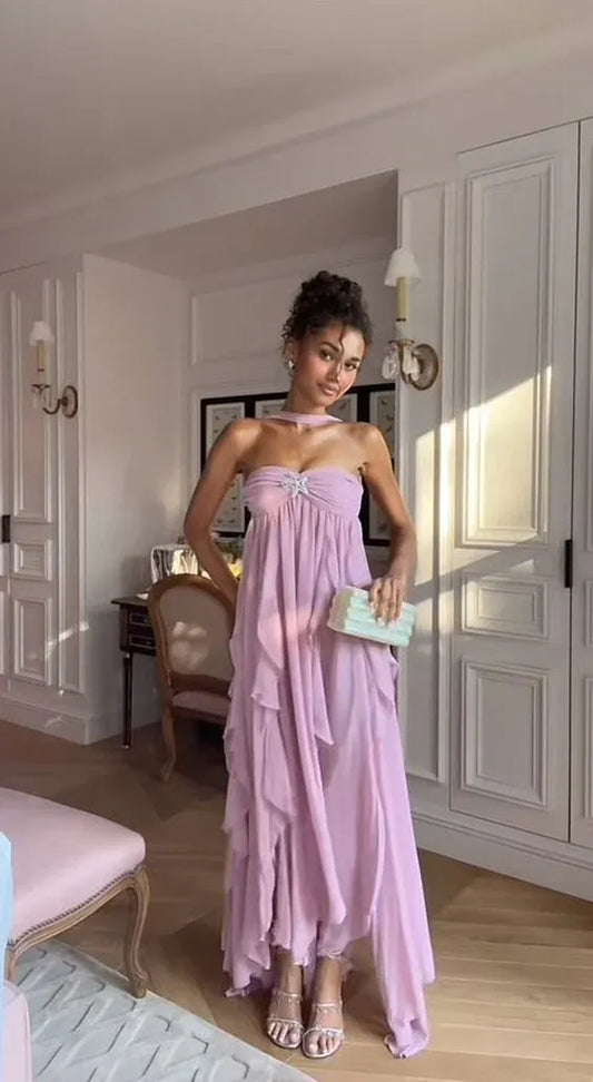 Charming A-line Reverse Halter Neck Sleeveless Chiffon Ruffles Floor-Length Evening Dress
