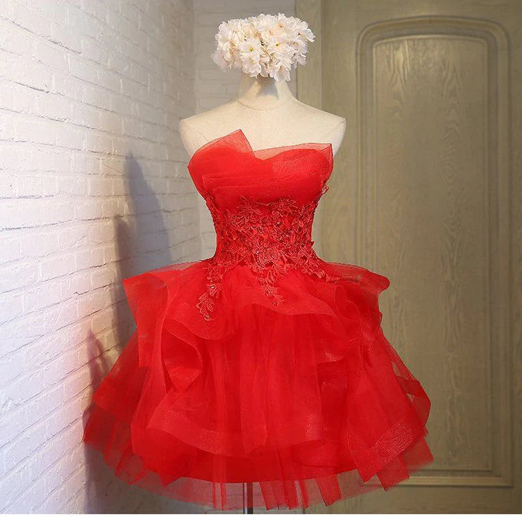 Charming A-line Strapless Sleeveless Tulle Lace Up Short-Mini Homecoming Dress