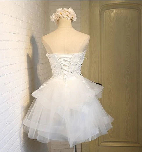 Charming A-line Strapless Sleeveless Tulle Lace Up Short-Mini Homecoming Dress