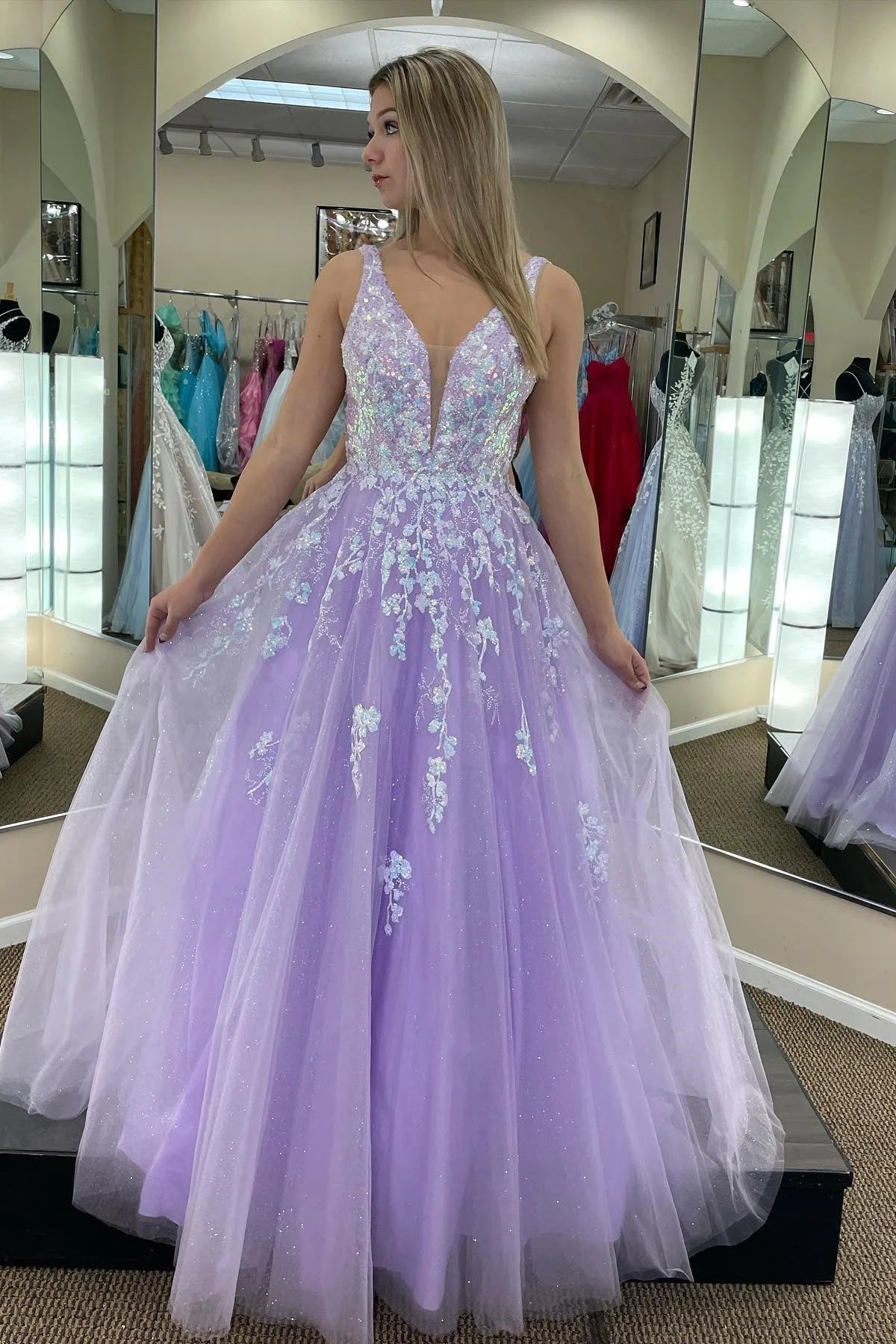 Charming A-line V Neck Sleeveless Backless Floor-Length Prom Dress