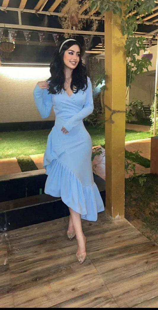 Charming Bodycon V-Neck Long-Sleeve Ruffled Crepe Light Blue Midi Evening Dress for Women