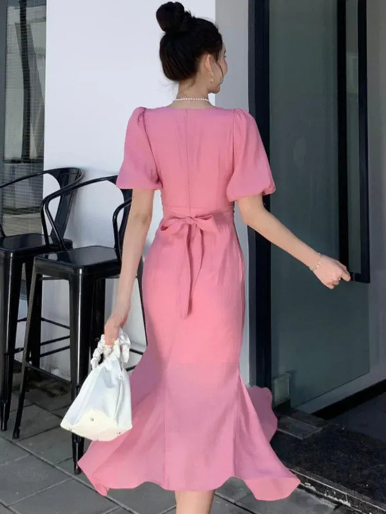 Charming Crepe Midi Evening Dress Pink Round Neck Puff Sleeves for Women