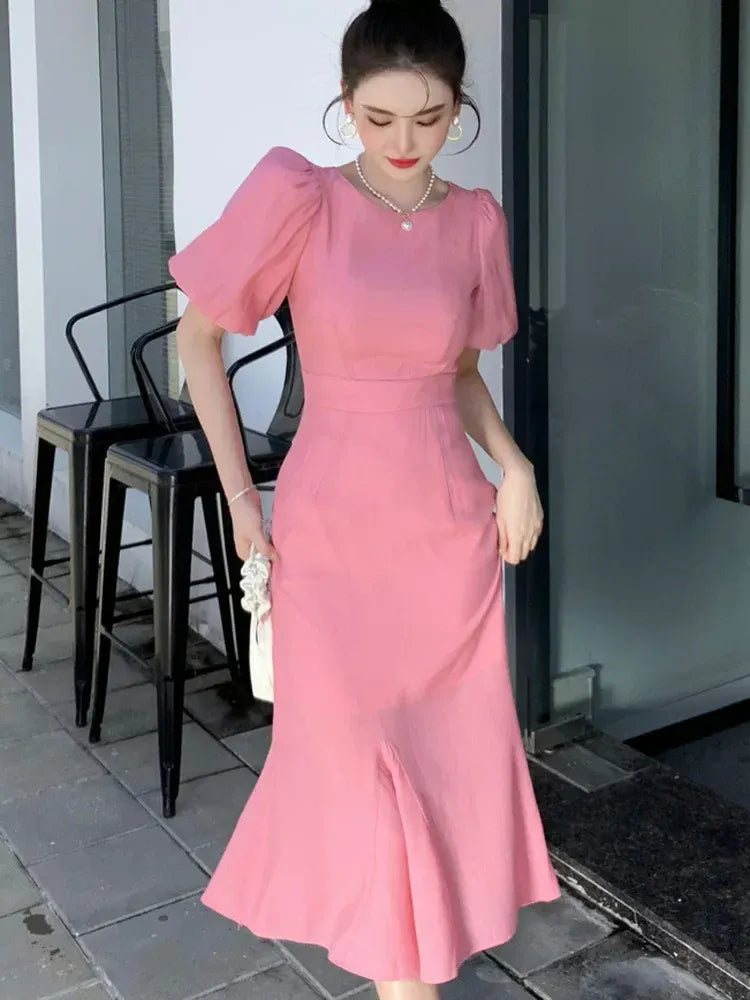 Charming Crepe Midi Evening Dress Pink Round Neck Puff Sleeves for Women