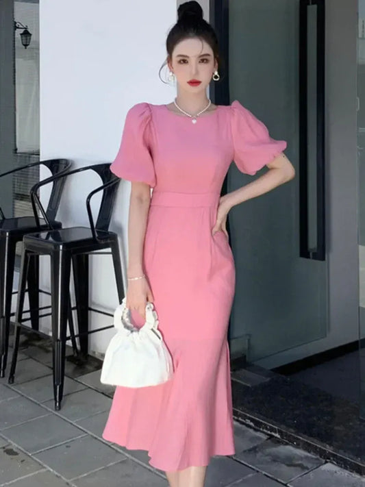 Charming Crepe Midi Evening Dress Pink Round Neck Puff Sleeves for Women