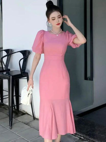 Charming Crepe Midi Evening Dress Pink Round Neck Puff Sleeves for Women