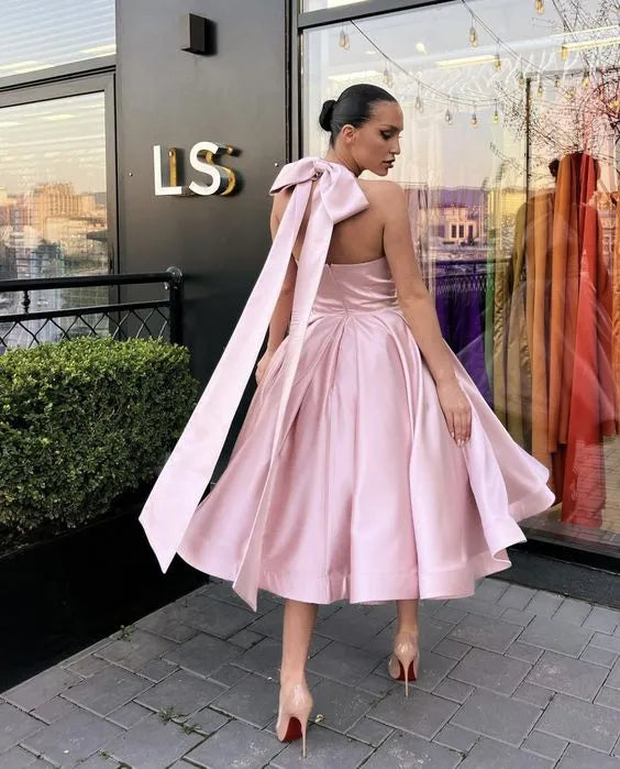 Charming Fit-Flare Halter-Neck Sleeveless Bow-Accent Satin Blush Midi Evening Dress for Women