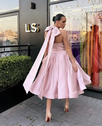 Charming Fit-Flare Halter-Neck Sleeveless Bow-Accent Satin Blush Midi Evening Dress for Women