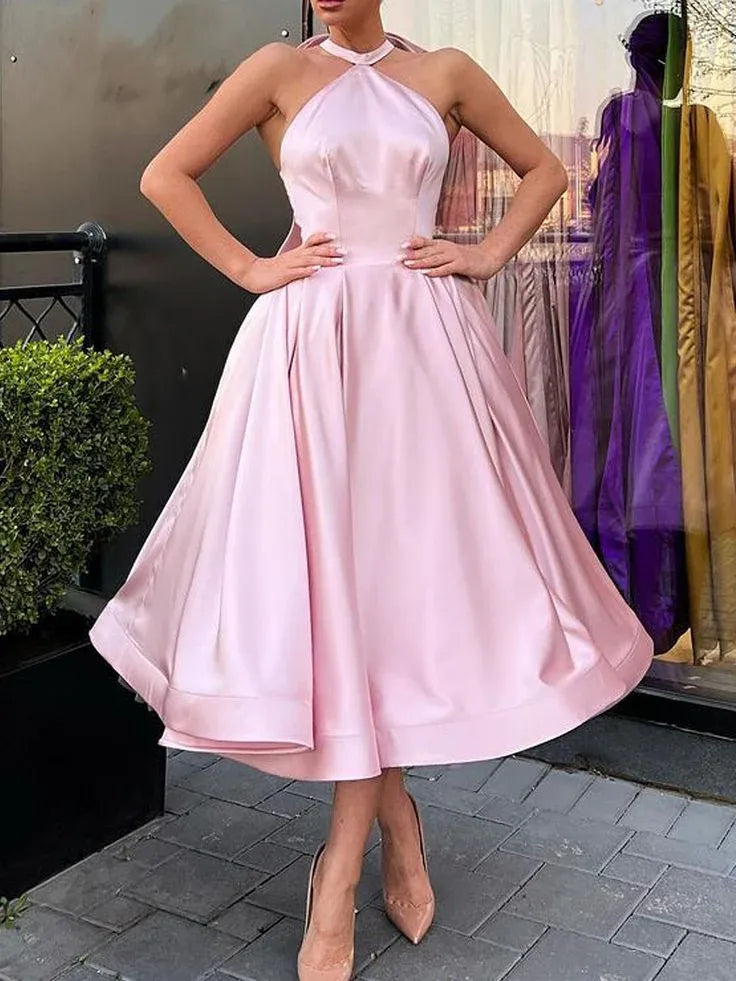 Charming Fit-Flare Halter-Neck Sleeveless Bow-Accent Satin Blush Midi Evening Dress for Women