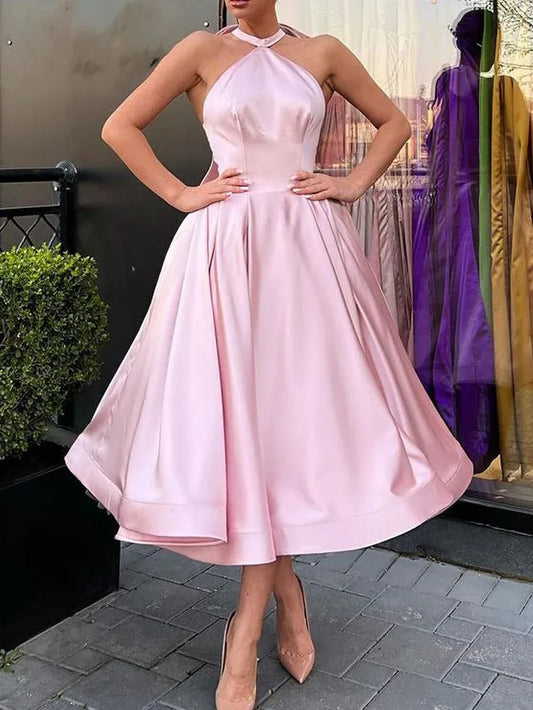 Charming Fit-Flare Halter-Neck Sleeveless Bow-Accent Satin Blush Midi Evening Dress for Women