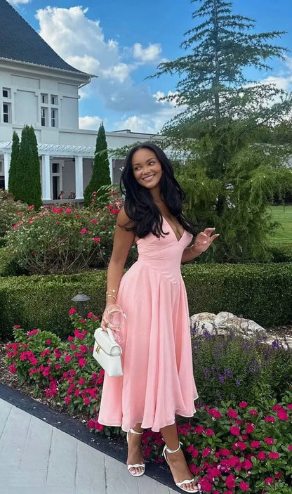 Charming Fit-and-Flare V-Neck Sleeveless Open-Back Chiffon Pink Midi Evening Dress for Women