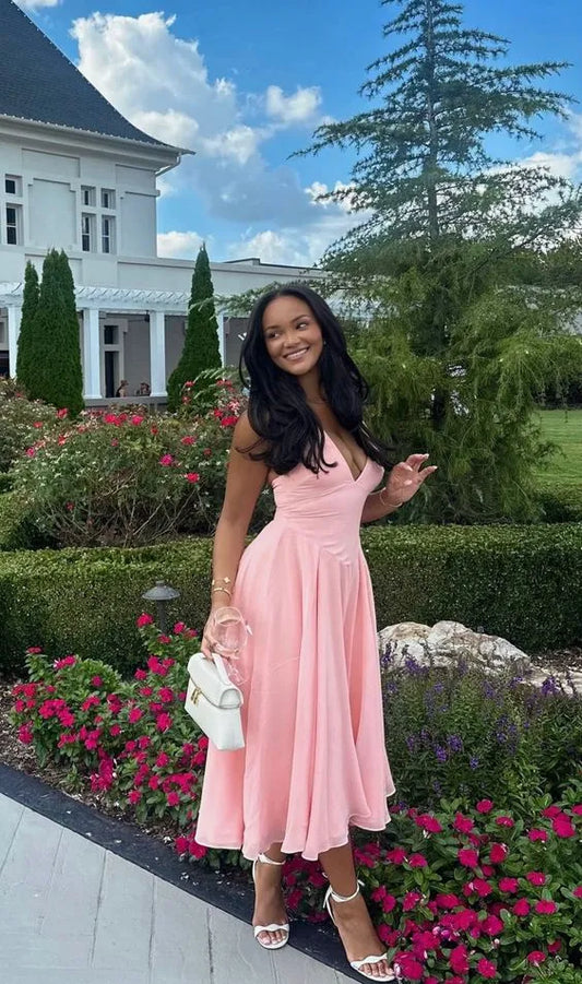 Charming Fit-and-Flare V-Neck Sleeveless Open-Back Chiffon Pink Midi Evening Dress for Women