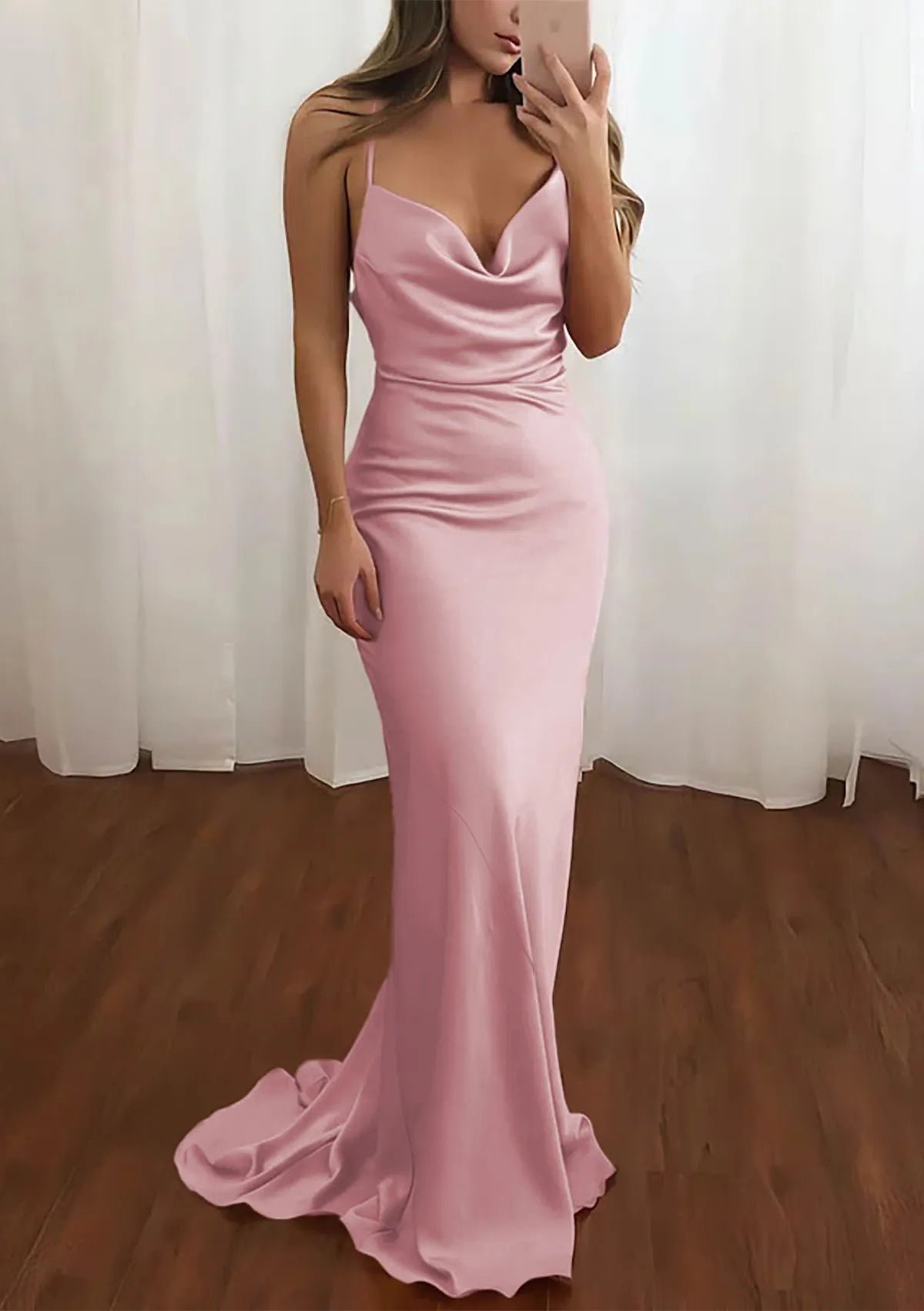 Charming Mermaid Deep V-Neck Sleeveless Draped Satin Blush Pink Floor-Length Evening Dress For Women