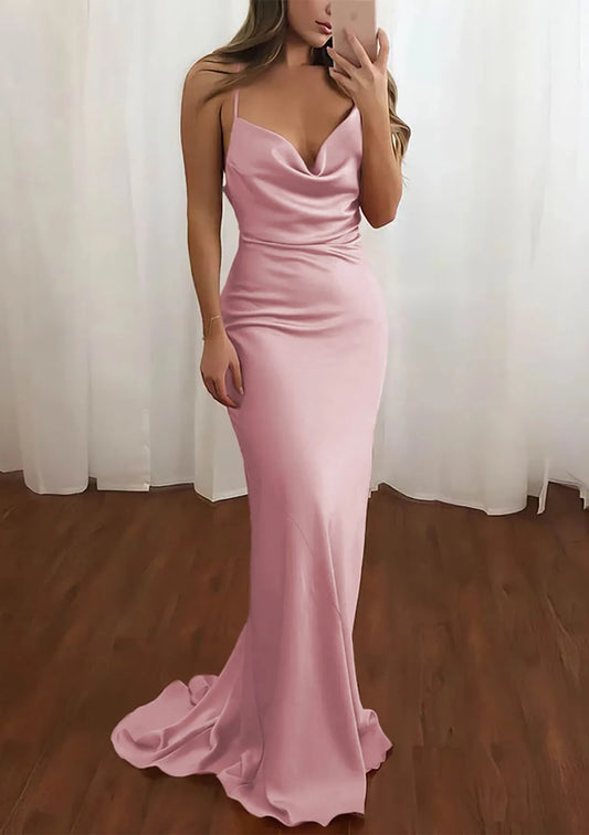 Charming Mermaid Deep V-Neck Sleeveless Draped Satin Blush Pink Floor-Length Evening Dress For Women