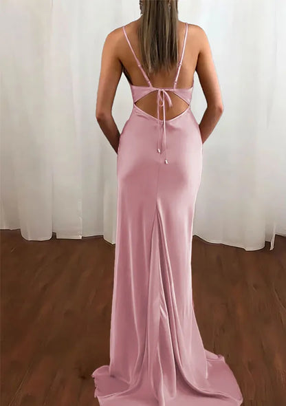Charming Mermaid Deep V-Neck Sleeveless Draped Satin Blush Pink Floor-Length Evening Dress For Women