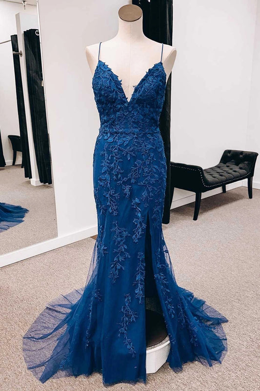 Charming Mermaid Spaghetti Straps Sleeveless Lace Up Sweep/Brush Train Prom Dress