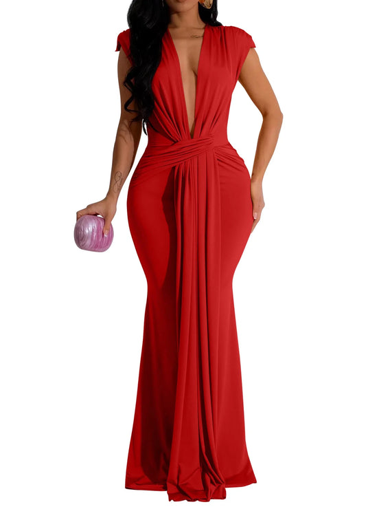 Charming Mermaid V Neck Sleeveless Backless Floor-Length prom dress for women