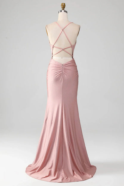 Charming Mermaid V Neck Sleeveless Lace Up Floor-Length prom dress