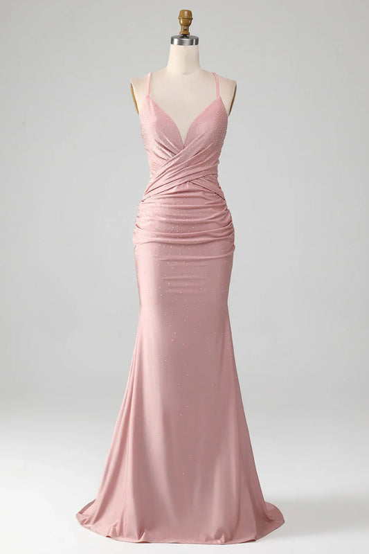 Charming Mermaid V Neck Sleeveless Lace Up Floor-Length prom dress