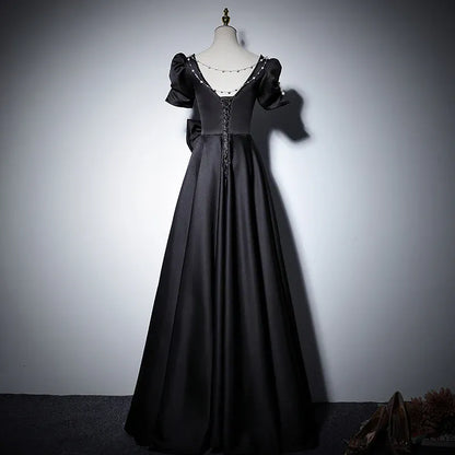 Charming Satin Long Evening Dress Black Square-Neck Puff-Sleeve Party Gown for Women