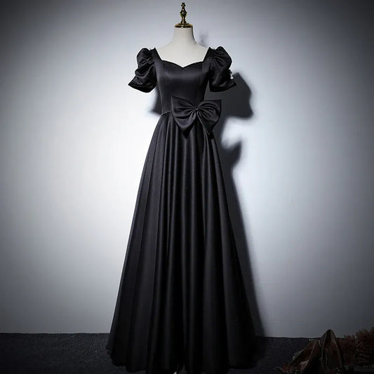 Charming Satin Long Evening Dress Black Square-Neck Puff-Sleeve Party Gown for Women