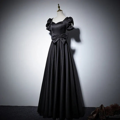 Charming Satin Long Evening Dress Black Square-Neck Puff-Sleeve Party Gown for Women