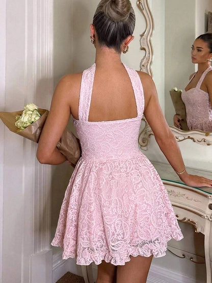 Charming A-Line Halter Corset Tiered Ruffled Lace Pink Mini Homecoming Dress