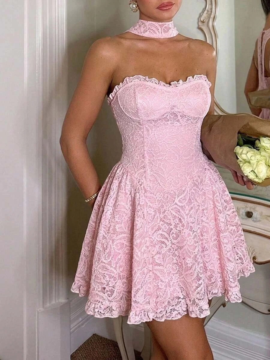 Charming A-Line Halter Corset Tiered Ruffled Lace Pink Mini Homecoming Dress