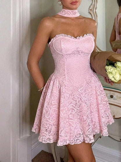 Charming A-Line Halter Corset Tiered Ruffled Lace Pink Mini Homecoming Dress