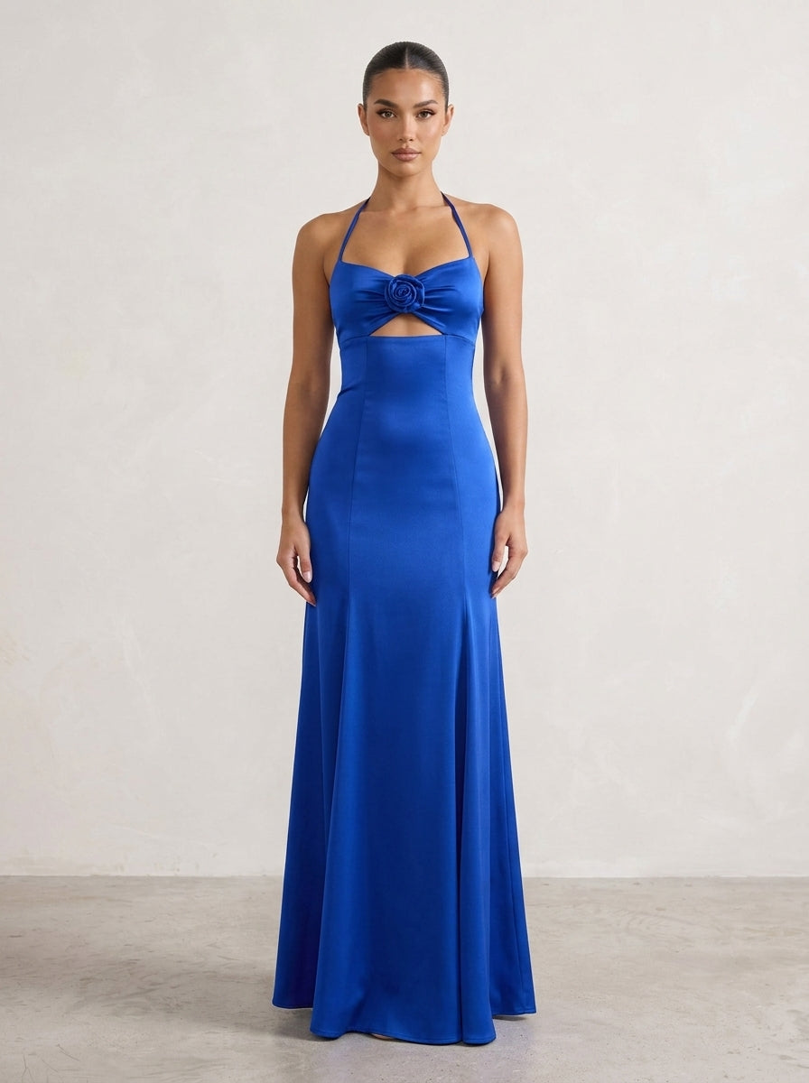 Charming A-Line Halter Rose-Knot Cutout Satin Royal Blue Floor-Length Prom Dress