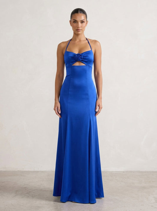 Charming A-Line Halter Rose-Knot Cutout Satin Royal Blue Floor-Length Prom Dress