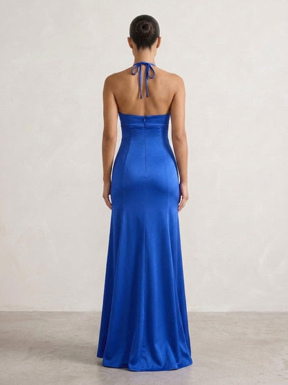 Charming A-Line Halter Rose-Knot Cutout Satin Royal Blue Floor-Length Prom Dress