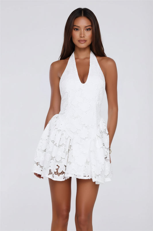 Charming A-Line Halter Tie Open Back Ruffled Lace White Mini Homecoming Dress