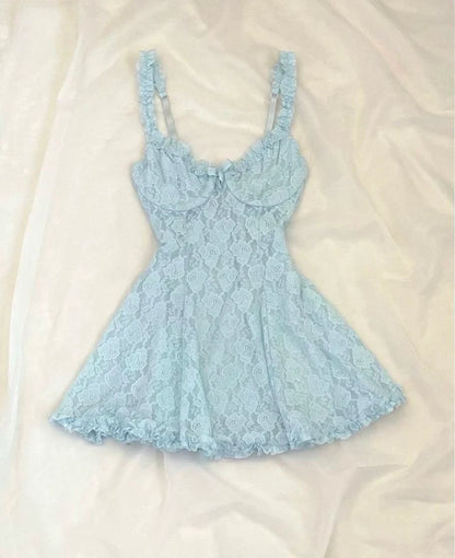Charming A-Line Spaghetti Straps Ruffled Bow Lace Baby Blue Mini Homecoming Dresses